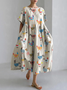 Funny Farm Chicken Embroidery Pattern Linen Blend Casual Dress With No Belt