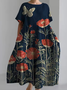 Women's Artistic Floral Print Vintage Round Neck Pleated Maxi Dress