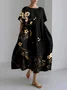 Women's Artistic Floral Print Vintage Round Neck Pleated Maxi Dress