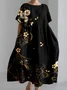 Women's Artistic Floral Print Vintage Round Neck Pleated Maxi Dress