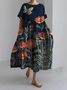 Women's Artistic Floral Print Vintage Round Neck Pleated Maxi Dress
