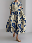 Women's Japanese Art Floral Print Vintage Round Neck Pleated Maxi Dress
