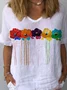 Casual Floral V Neck Cotton Short Sleeve Loosen Floral Top