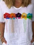 Casual Floral V Neck Cotton Short Sleeve Loosen Floral Top