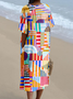 Vintage V Neck Multicolor Block Cotton-Blend Dress With No