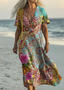 V Neck Vintage Floral Dress With No Belt