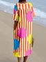 Loose Cotton-Blend Multicolor Block Vintage Dress With No