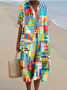 Vintage V Neck Multicolor Block Cotton-Blend Dress With No