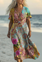 V Neck Vintage Floral Dress With No Belt