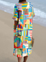 Vintage V Neck Multicolor Block Cotton-Blend Dress With No