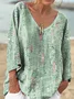 Women's Floral Texture Patterns Print V-neck Comfortable Cotton T-shirt