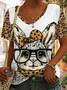Women's Easter Cute Bunny Leopard Print Casual Cotton Blend V-Neck T-Shirt