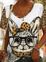 Women's Easter Cute Bunny Leopard Print Casual Cotton Blend V-Neck T-Shirt