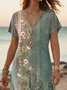 Women's Retro Art Print Hem Side Slit V-Neck Long Dress