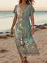 Women's Retro Art Print Hem Side Slit V-Neck Long Dress