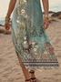 Women's Retro Art Print Hem Side Slit V-Neck Long Dress