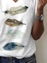 Women's Feather Print Casual V-Neck Short Sleeve T-Shirt