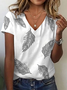 Women's Spring and Summer Feather Print Casual V-neck Short Sleeve T-shirt