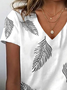 Women's Spring and Summer Feather Print Casual V-neck Short Sleeve T-shirt