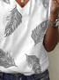 Women's Spring and Summer Feather Print Casual V-neck Short Sleeve T-shirt