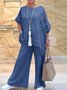 Casual Plain Crew Neck Top With Pants Two-Piece Set