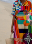 Regular Fit Shawl Collar Multicolor Block Casual Dress With No