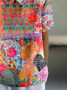 Loose Shawl Collar Vintage Multicolor Block T-Shirt