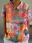 Loose Shawl Collar Vintage Multicolor Block T-Shirt