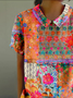 Loose Shawl Collar Vintage Multicolor Block T-Shirt