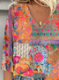Casual Multicolor Block V Neck Loose Blouse