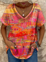 Women's casual V-neck in color abstract print T-Shirt