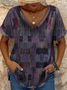 Women's retro ethnic patchwork print casual V-neck T-Shirt