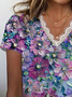 Women's Short Sleeve T-shirt Summer Blue Purple Floral Printing V Neck Daily Going Out Casual Top