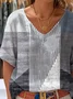 V Neck Cotton Striped Casual Blouse