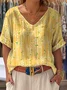 Striped V Neck Casual Cotton Blouse