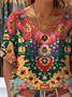 Multicolor Block V Neck Casual Blouse