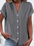 Women's Short Sleeve Shirt Summer White Plain Buckle V Neck Daily Going Out Casual Top