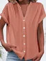 Women's Short Sleeve Shirt Summer White Plain Buckle V Neck Daily Going Out Casual Top