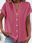 Women's Short Sleeve Shirt Summer White Plain Buckle V Neck Daily Going Out Casual Top