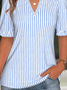 Loose V Neck Simple Striped T-Shirt