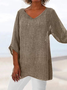 V neck Linen Plain Casual Asymmetric 3/4 Sleeve Plain Top