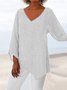 Striped Long Sleeve V Neck Cotton-Blend Top