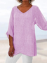 V neck Linen Plain Casual Asymmetric 3/4 Sleeve Plain Top