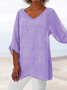 V neck Linen Plain Casual Asymmetric 3/4 Sleeve Plain Top