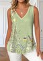 Loose Botanical Pattern Casual V Neck T-Shirt