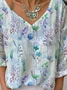 Botanical Pattern V Neck Casual T-Shirt