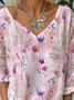 Botanical Pattern V Neck Casual T-Shirt