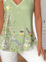 Loose Botanical Pattern Casual V Neck T-Shirt