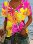 Floral V Neck Cotton Casual T-Shirt