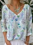 Botanical Pattern V Neck Casual T-Shirt